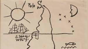 Reproducción parcial de "América Invertida", dibujo a pluma y tinta de 1943 del artista uruguayo Joaquín Torres García. La imagen consiste en una representación de América del Sur que se ha cambiado de su representación estándar y, en cambio, está orientada con el sur en la parte superior.