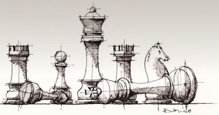 La imagen muestra un dibujo estilizado de piezas de ajedrez.