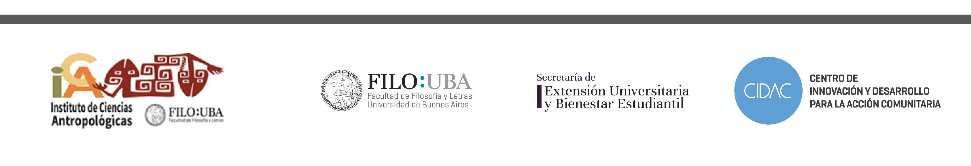 Banner con los logos institucionales del Instituto de Ciencias Antropológicas, Filo:UBA, la Secretaría de Extensión y el CIDAC.