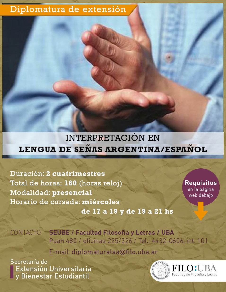 La imagen muestra el flyer de la Diplomatura en Lengua de Señas Argentina. La información descripta en el flyer es la misma que se desarrolla en el cuerpo de la noticia. 