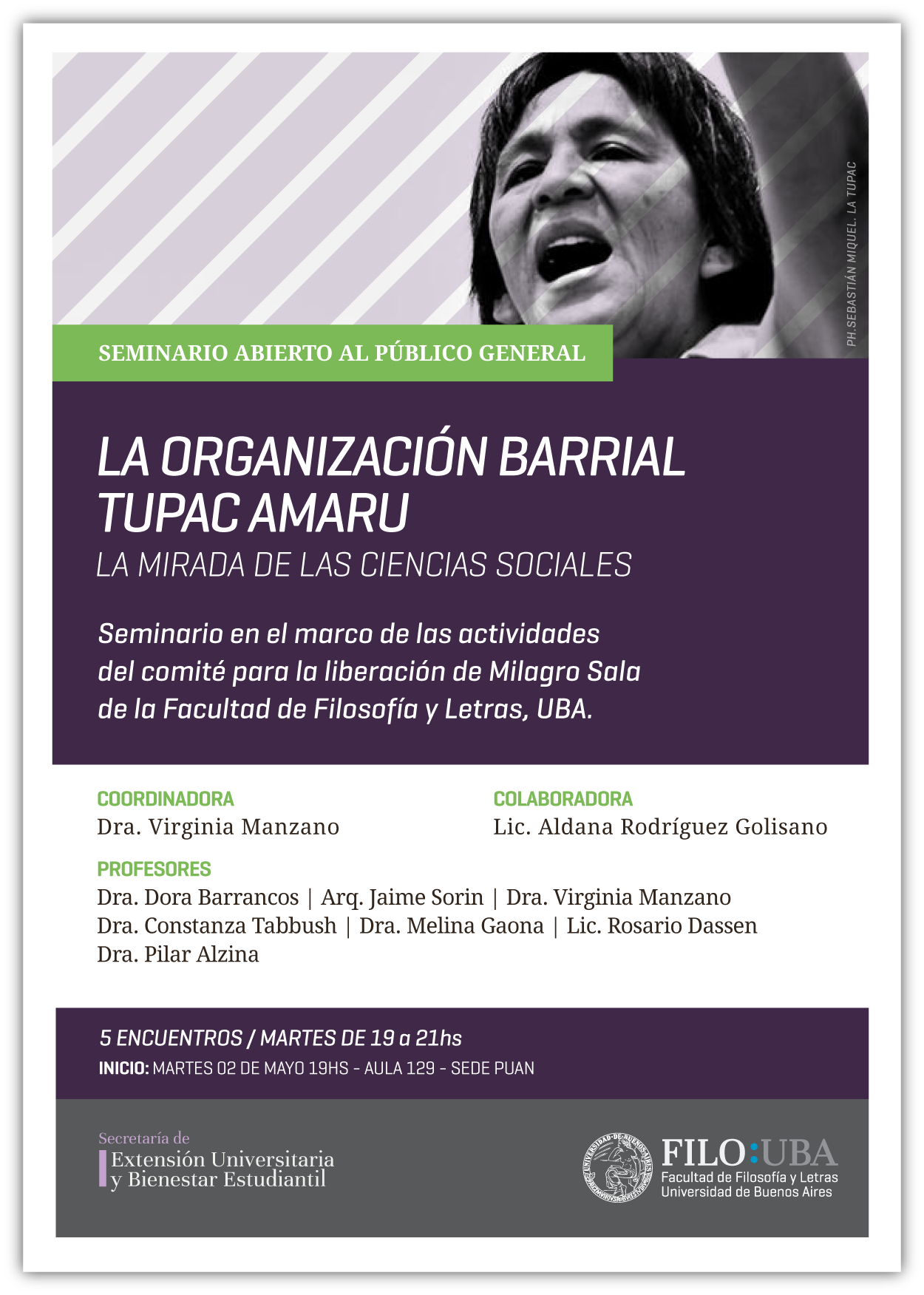 Flyer del Seminario Libre de la Túpac Amaru, con una imagen de Milagro Sala y todos los datos de los encuentros, ya descriptos en el cuerpo de la noticia.