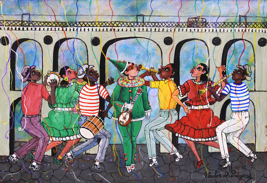 La imagen muestra un cuadro con siete personajes tocando y bailando samba.