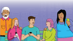 La imagen representa mediante un dibujo a color a un grupo de cinco personas conversando en grupo.