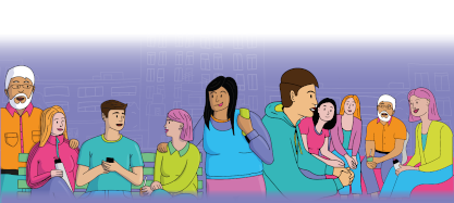 La imagen representa mediante un dibujo a color a un grupo de cinco personas reunidas y charlando en dos situaciones distintas.